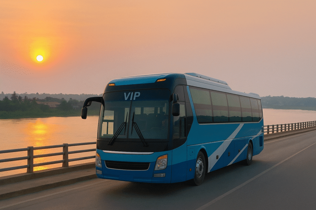 Phnom Penh bus route to Ho Chi Minh City with river view and evening light.
